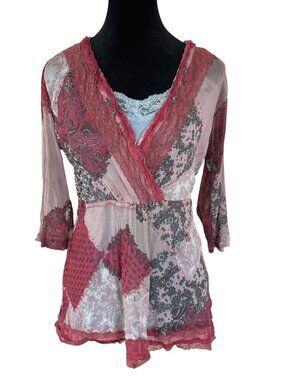 Y2K Boho Mesh Babydoll V  Womens L Fairy Grunge Patchwork Sheer Top Indie Sleaze